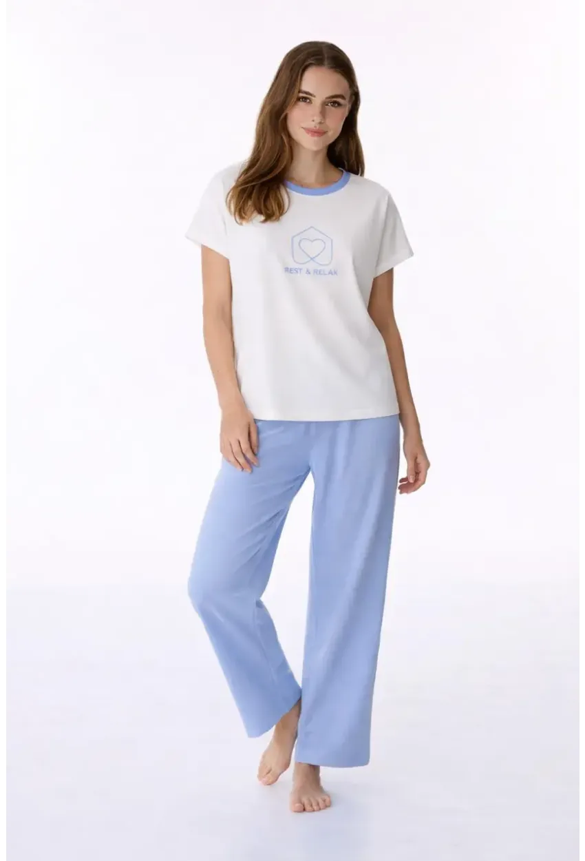 Kadın Kısa Kollu Uzun Pantolonlu Pamuklu Pijama Takımı – Rest & Relax Baskılı Mavi