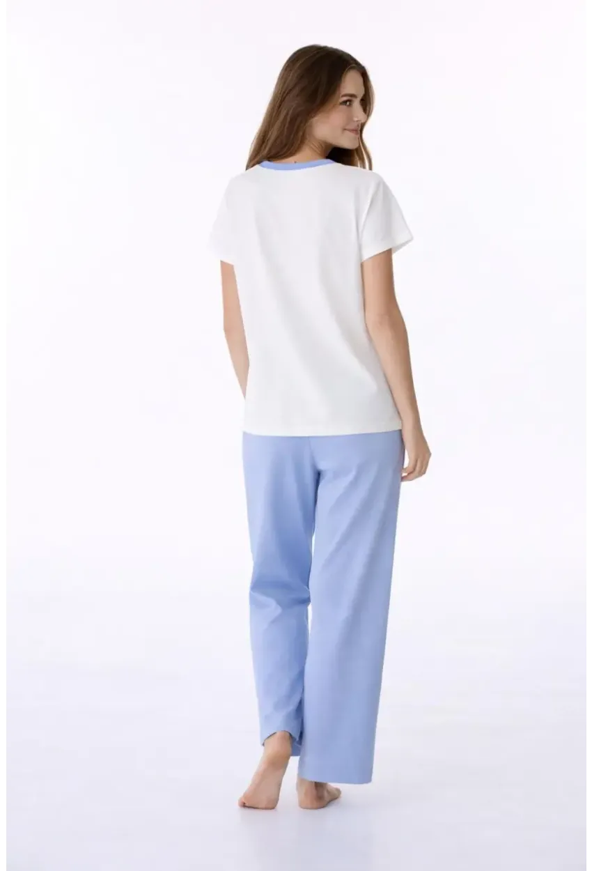 Kadın Kısa Kollu Uzun Pantolonlu Pamuklu Pijama Takımı – Rest & Relax Baskılı Mavi