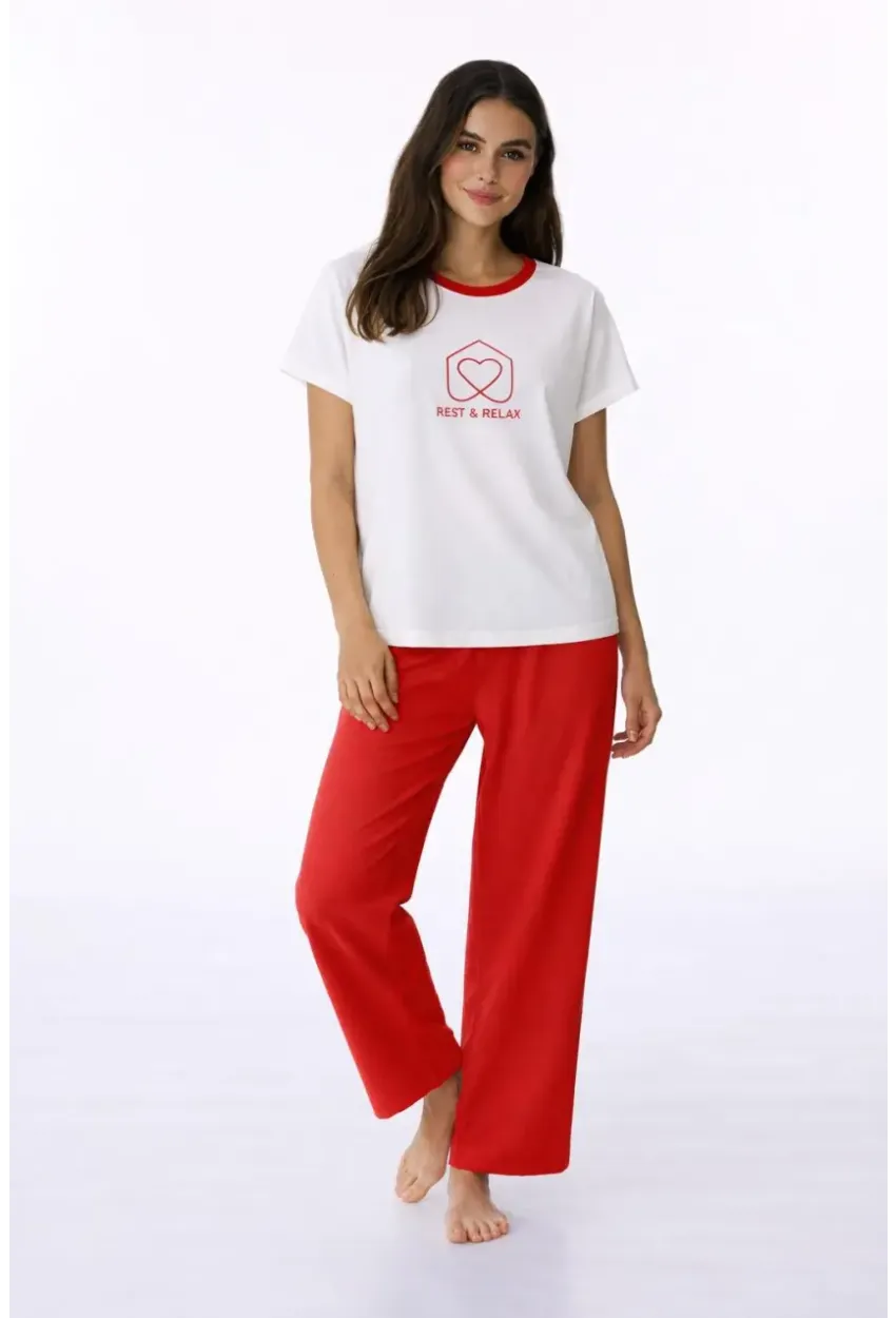 Kadın Kısa Kollu Uzun Pantolonlu Pamuklu Pijama Takımı – Rest & Relax Baskılı Mavi