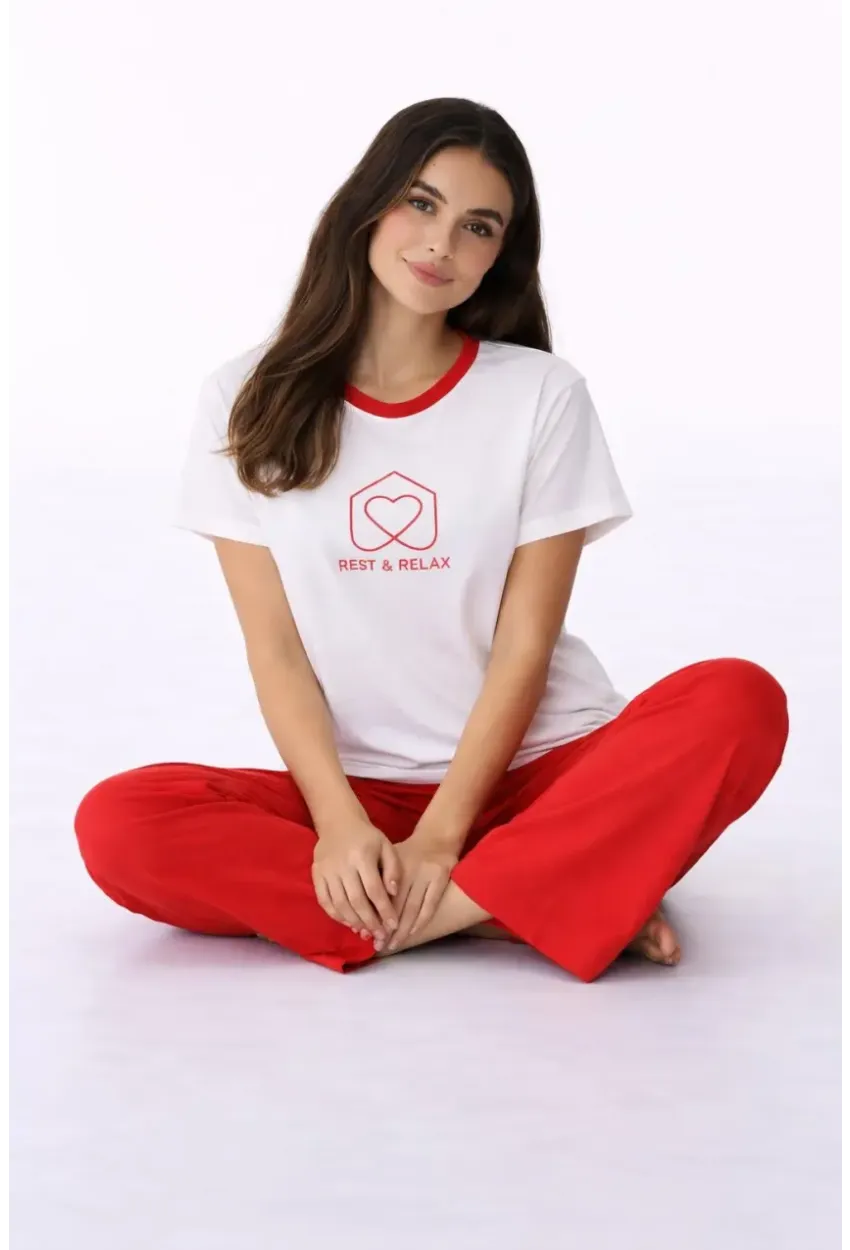 Kadın Kısa Kollu Uzun Pantolonlu Pamuklu Pijama Takımı – Rest & Relax Baskılı Mavi