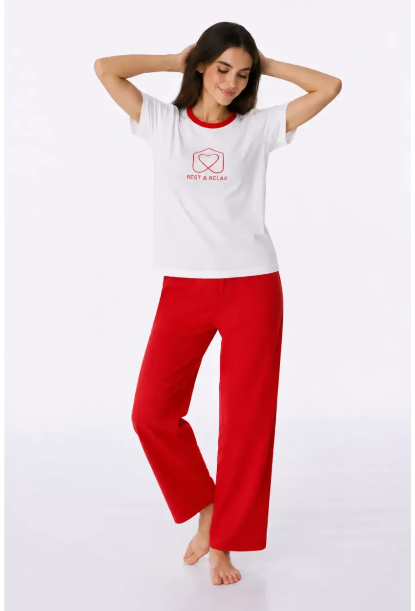 Kadın Kısa Kollu Uzun Pantolonlu Pamuklu Pijama Takımı – Rest & Relax Baskılı Mavi
