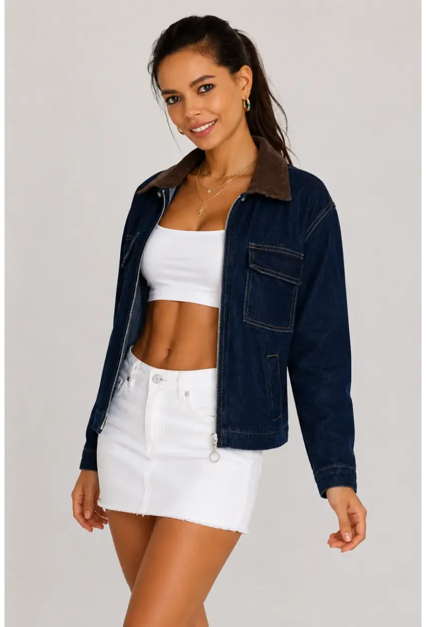 Kadın Lacivert Denim Ceket Süet Yaka Fermuarlı Cepli Desenli Jean Ceket