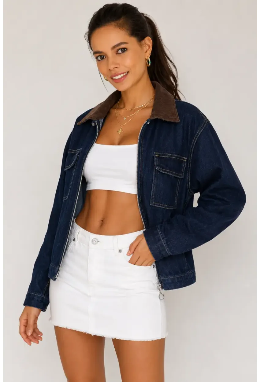 Kadın Lacivert Denim Ceket Süet Yaka Fermuarlı Cepli Desenli Jean Ceket