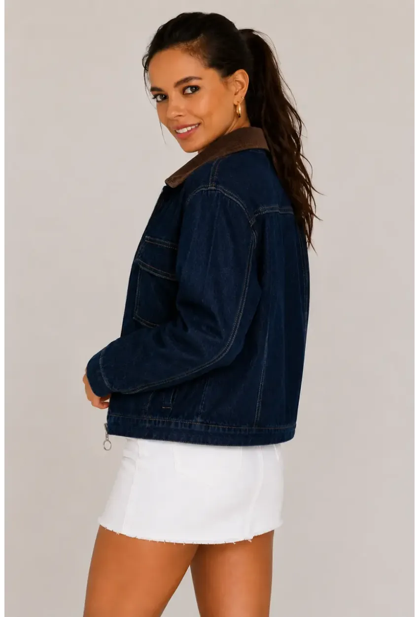 Kadın Lacivert Denim Ceket Süet Yaka Fermuarlı Cepli Desenli Jean Ceket