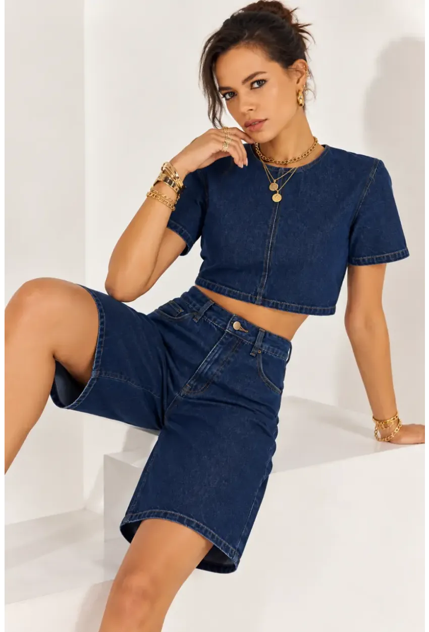 Kadın Lacivert Denim Crop Üst ve Yüksek Bel Bermuda Şort İkili Takım