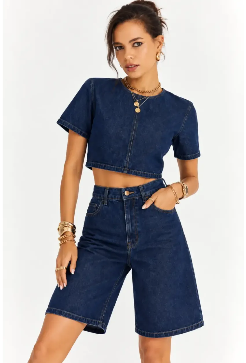 Kadın Lacivert Denim Crop Üst ve Yüksek Bel Bermuda Şort İkili Takım