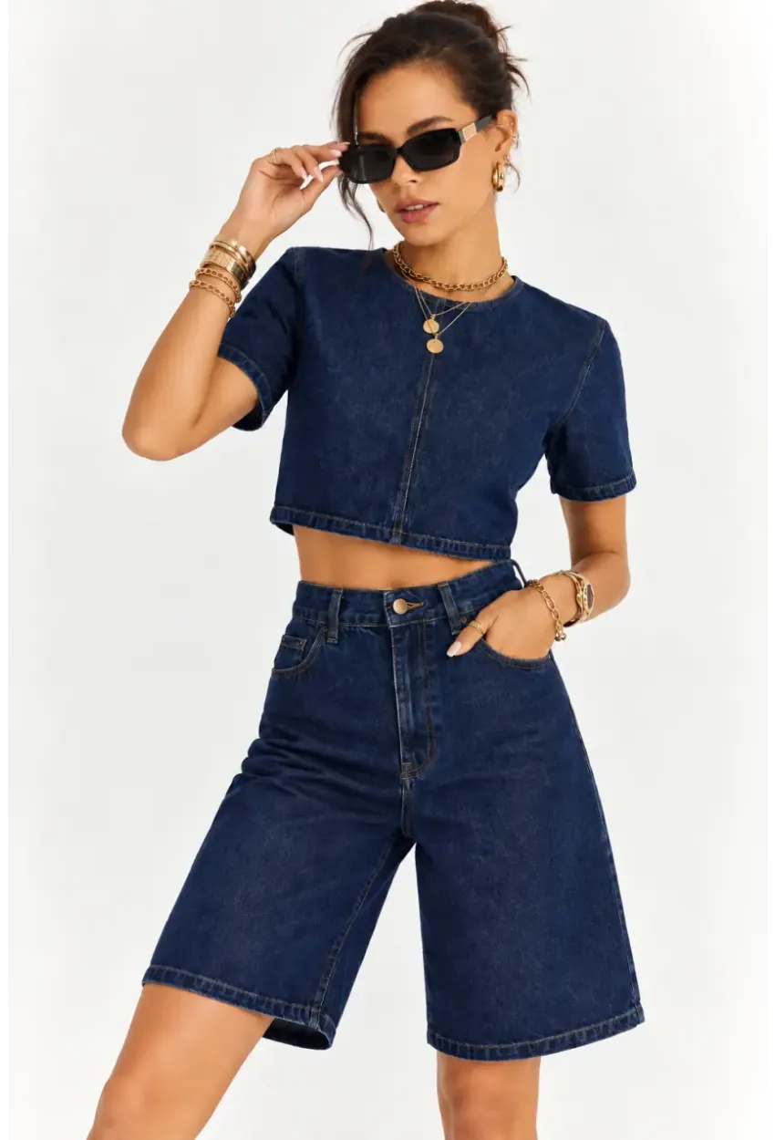 Kadın Lacivert Denim Crop Üst ve Yüksek Bel Bermuda Şort İkili Takım