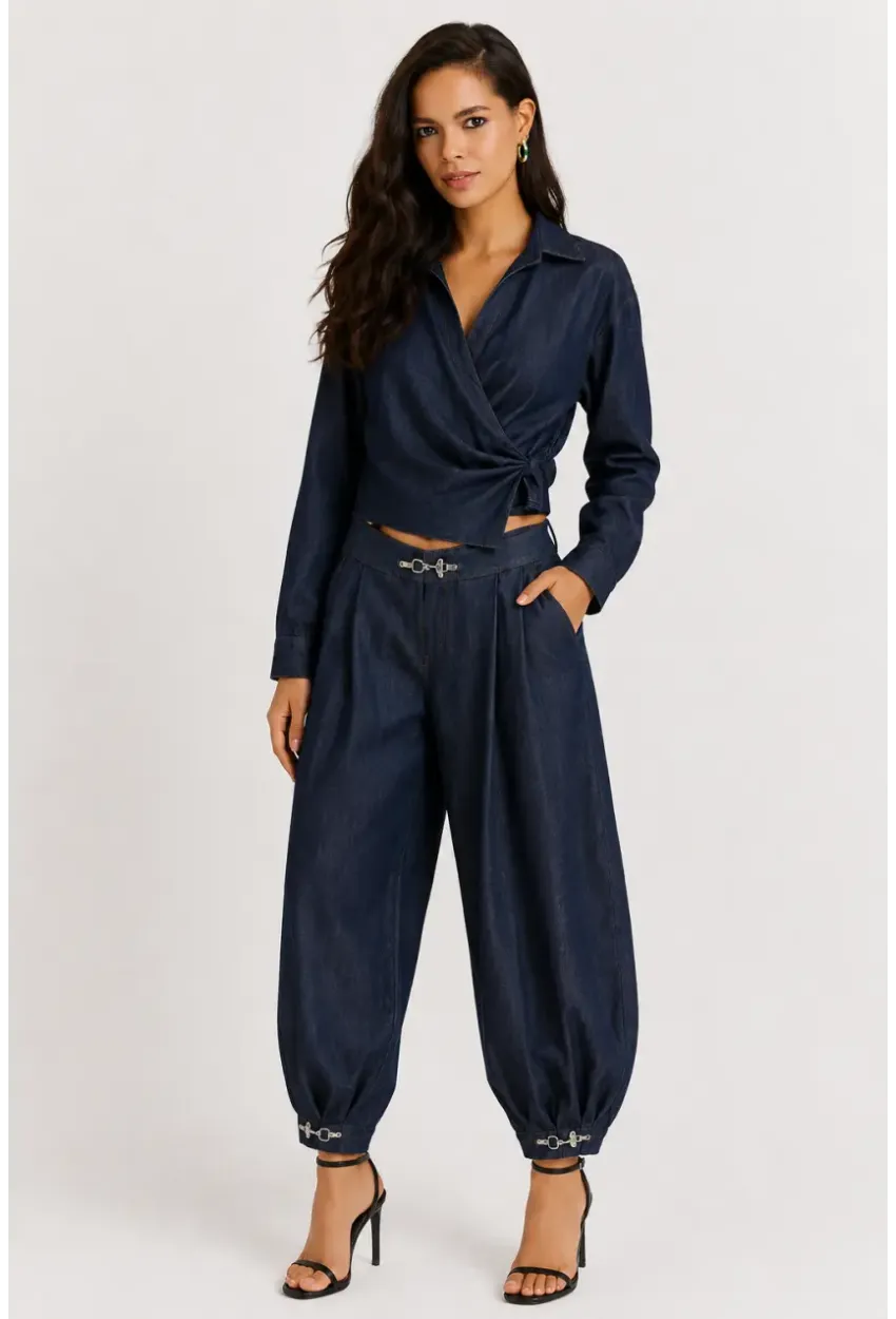 Kadın Lacivert Denim Görünümlü Kruvaze Bluz ve Şalvar Pantolon 2’li Takım