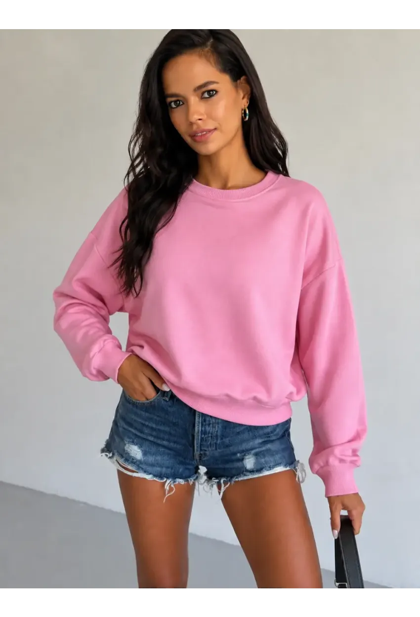 Kadın Pembe Bisiklet Yaka Oversize Uzun Kollu Basic Sweatshirt