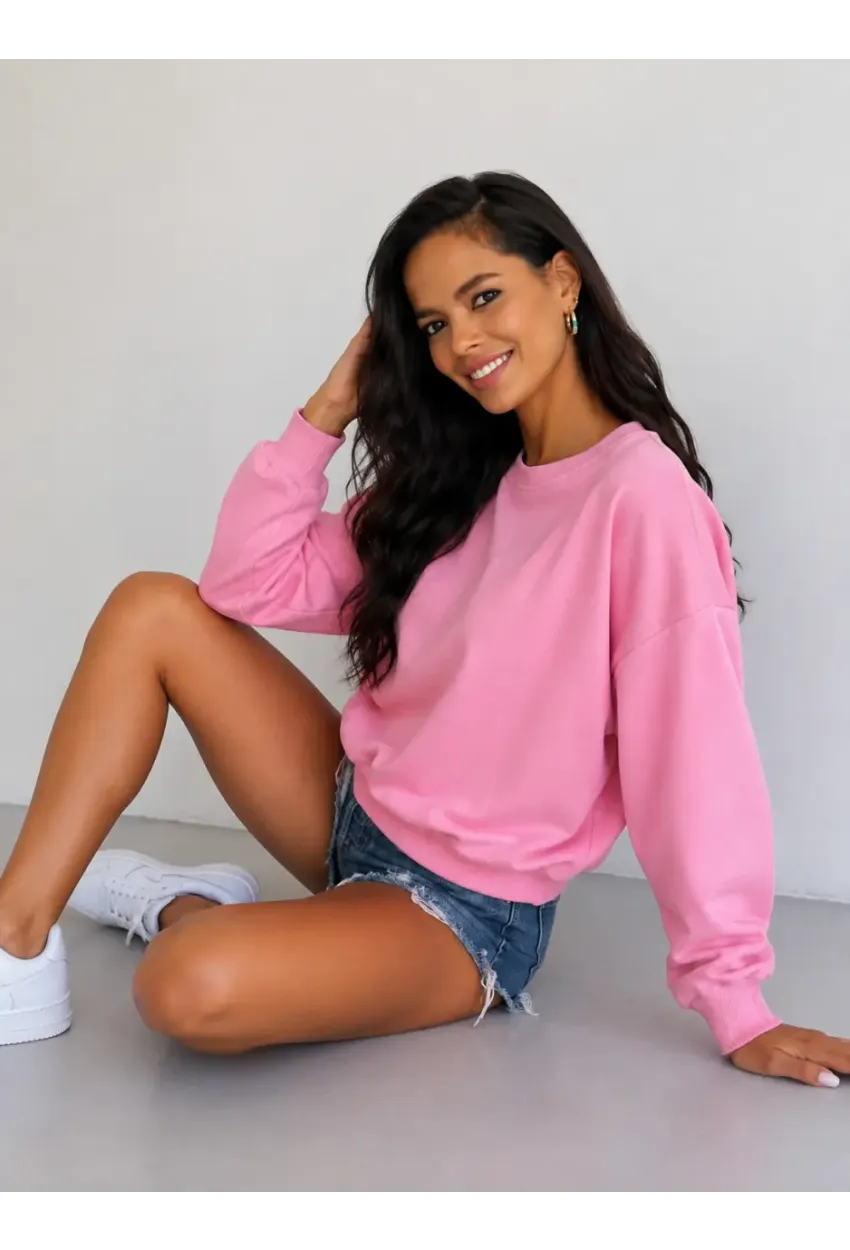 Kadın Pembe Bisiklet Yaka Oversize Uzun Kollu Basic Sweatshirt