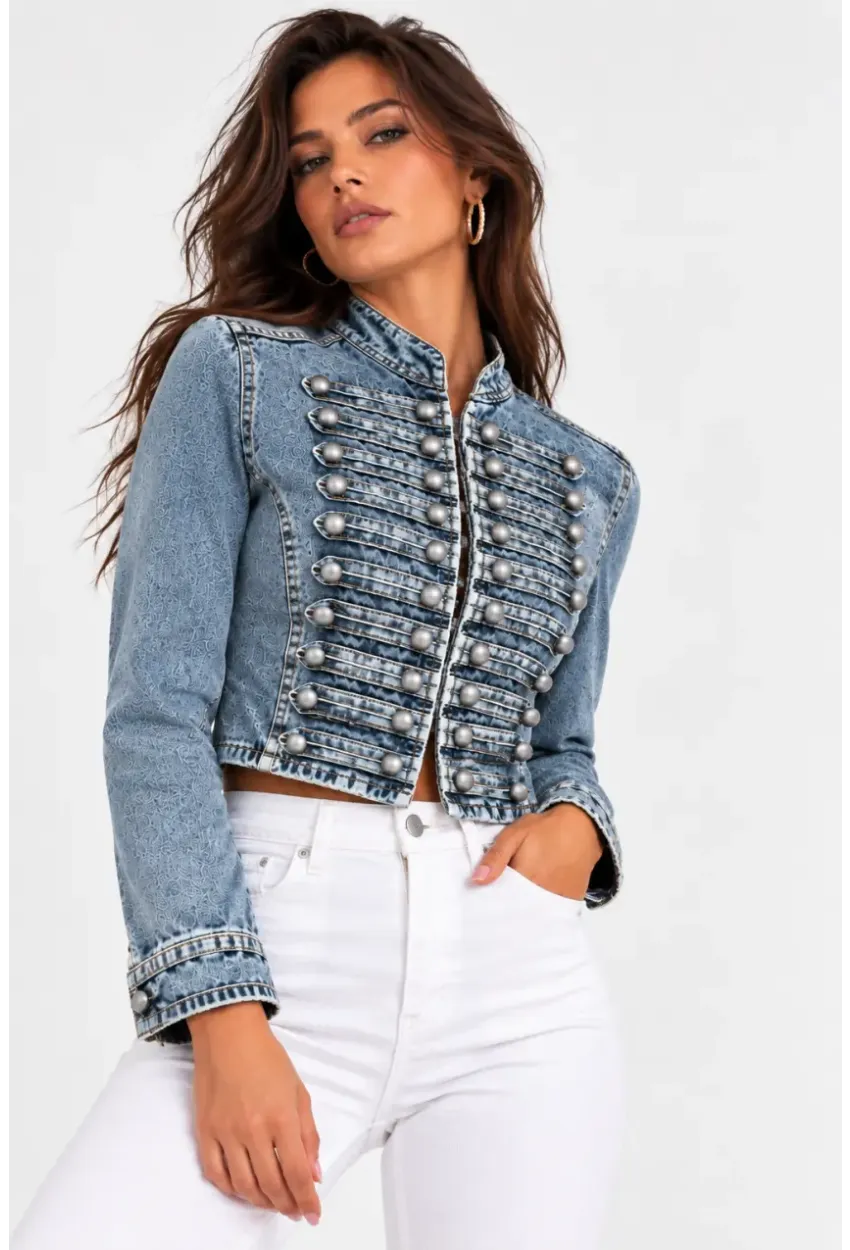 Kadın Premium Metal Düğme Detaylı Crop Denim Ceket