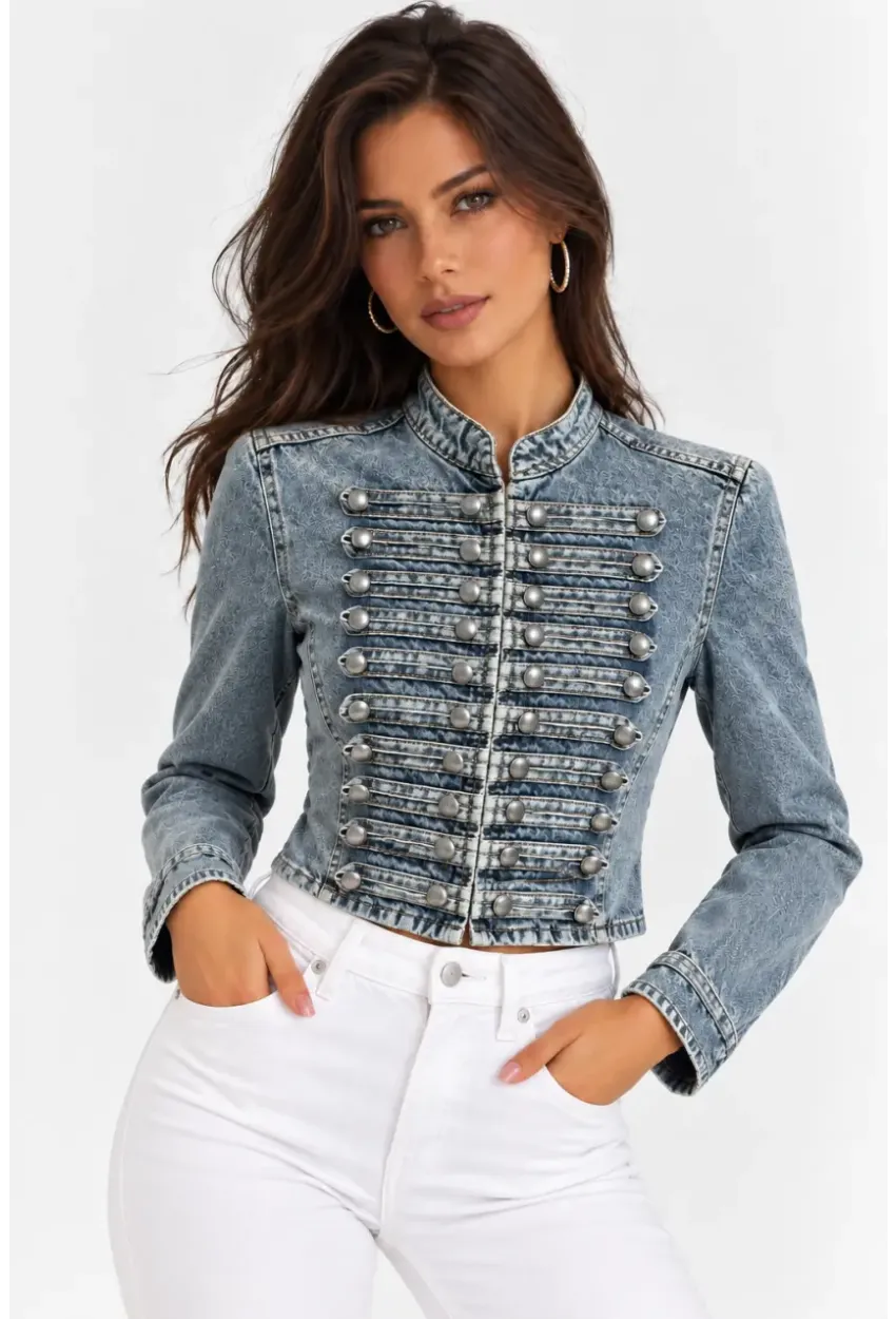 Kadın Premium Metal Düğme Detaylı Crop Denim Ceket