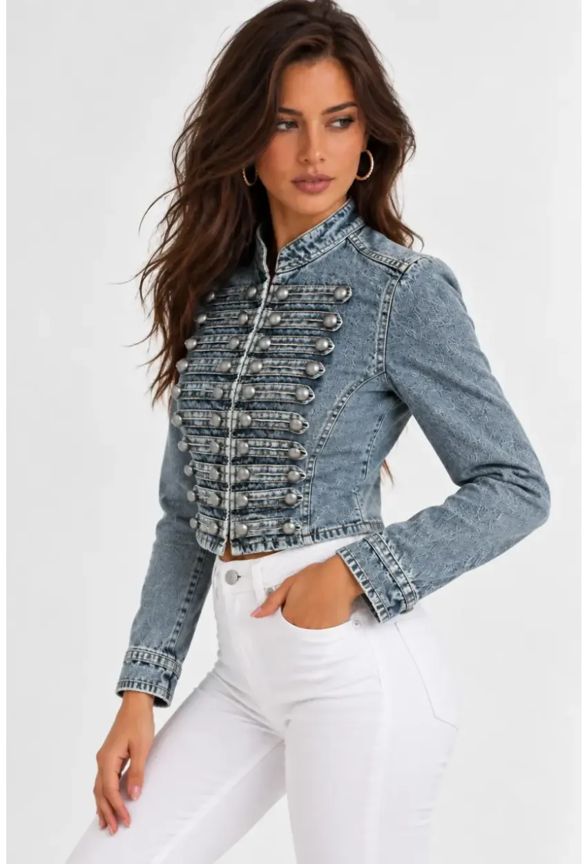 Kadın Premium Metal Düğme Detaylı Crop Denim Ceket