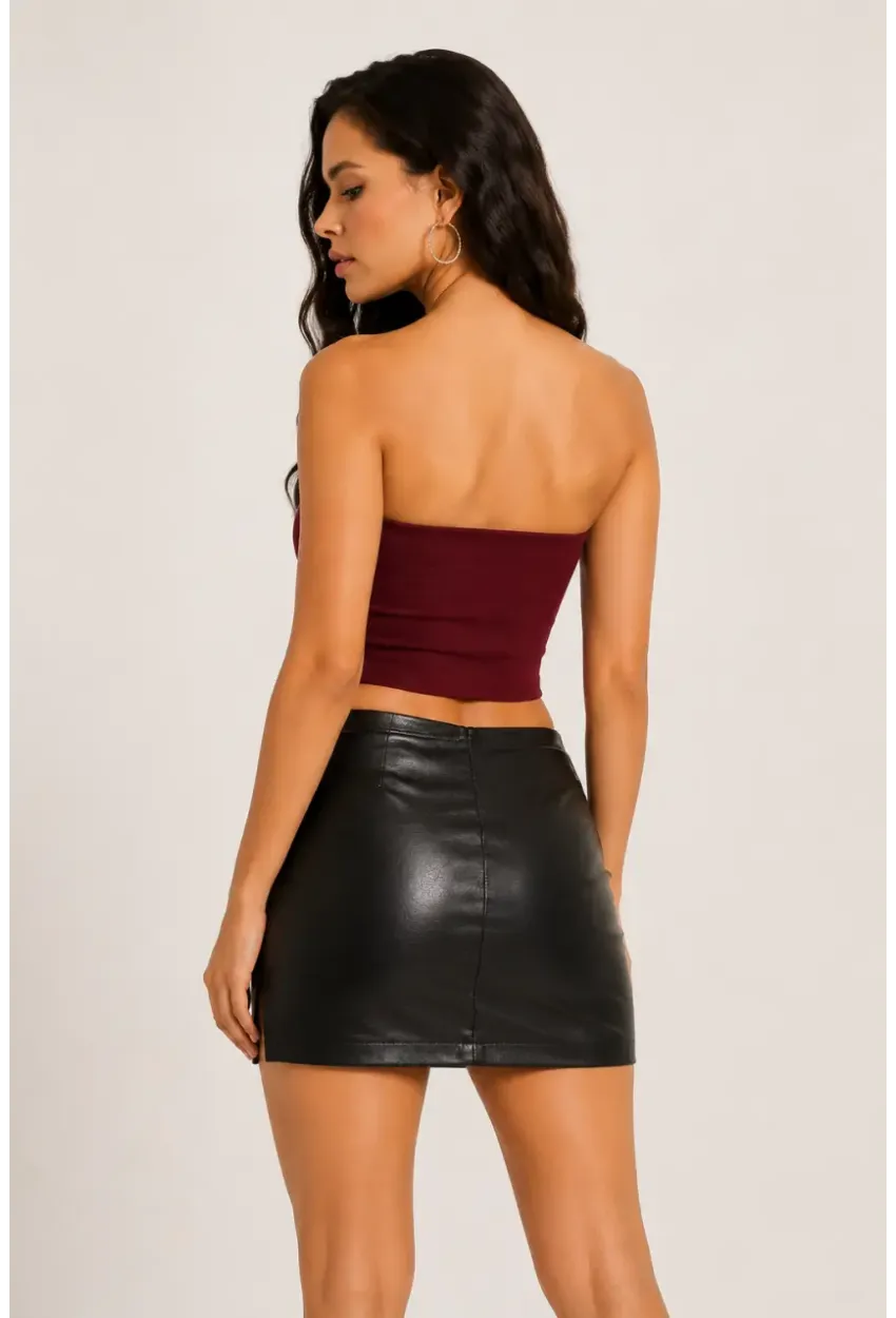 Kadın Şık Korse Crop Top - Straplez Düğmeli Büstiyer Bordo