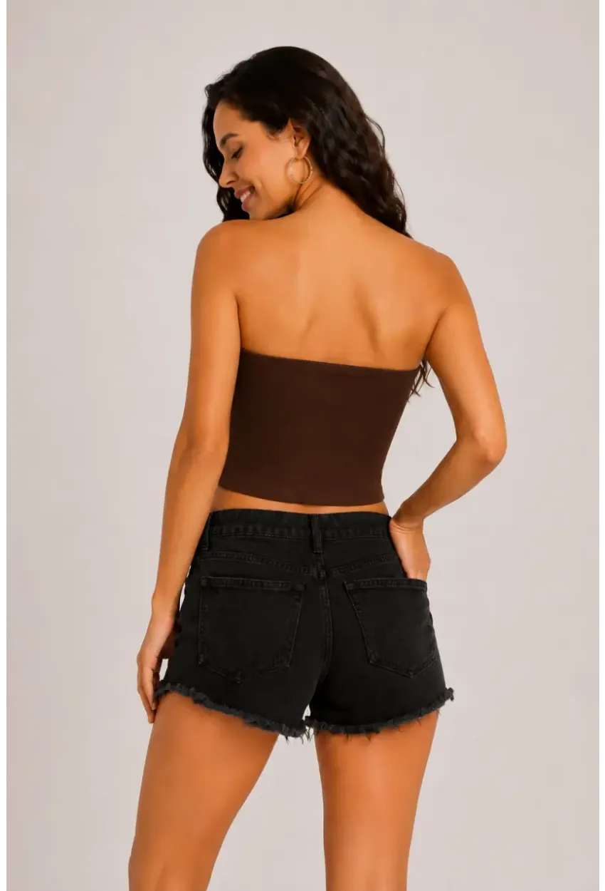 Kadın Şık Korse Crop Top - Straplez Düğmeli Büstiyer Kahve