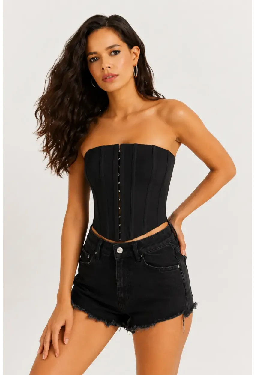 Kadın Şık Korse Crop Top - Straplez Düğmeli Büstiyer Siyah