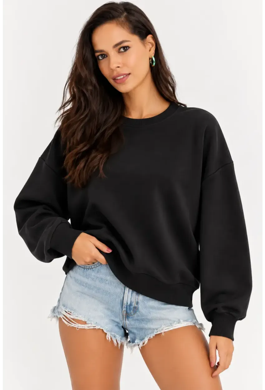 Kadın Siyah Bisiklet Yaka Oversize Uzun Kollu Basic Sweatshirt