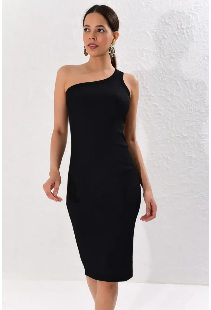 Kadın Siyah Tek Omuz Kaşkorse Elbise
