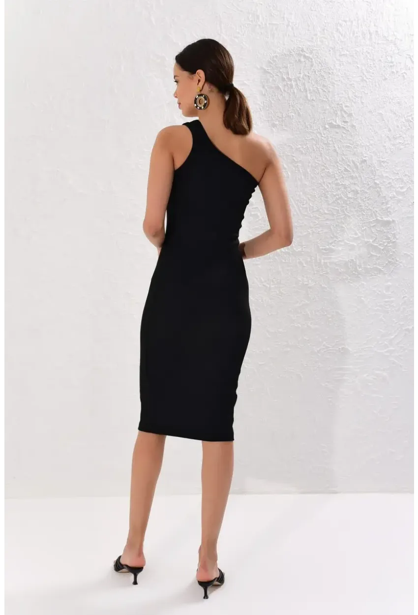 Kadın Siyah Tek Omuz Kaşkorse Elbise