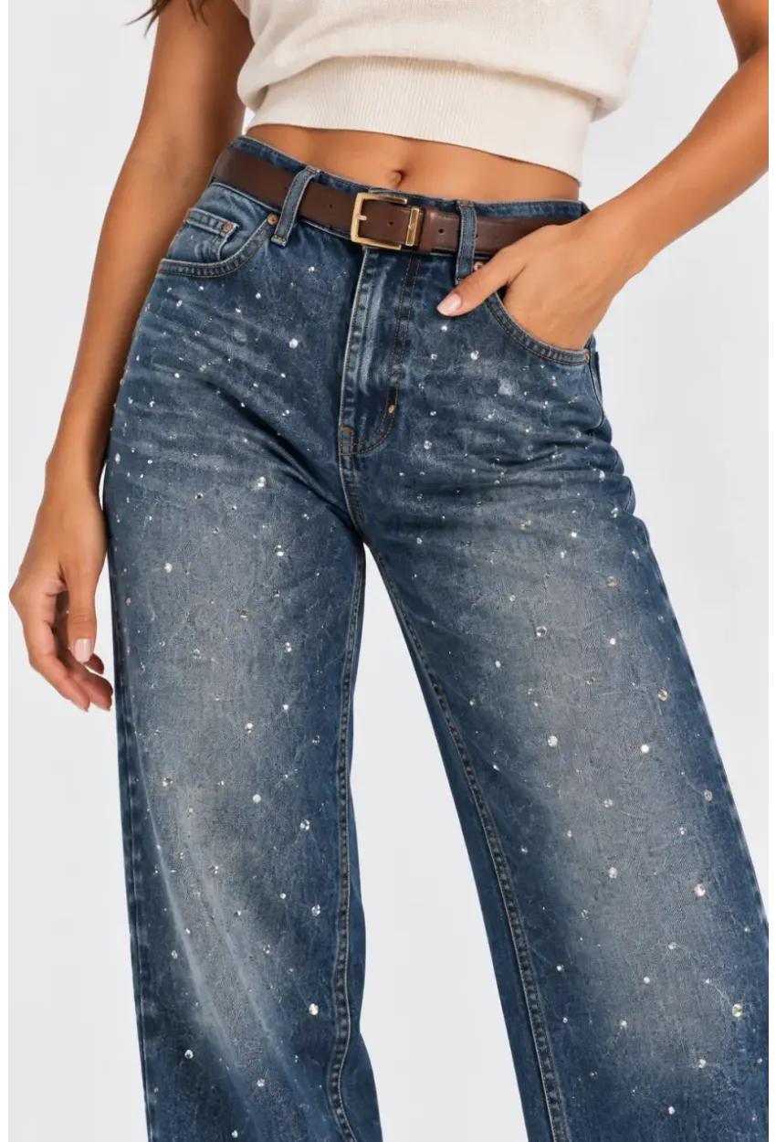 Kadın Taş Detaylı Yüksek Bel Wide Leg Jean Pantolon
