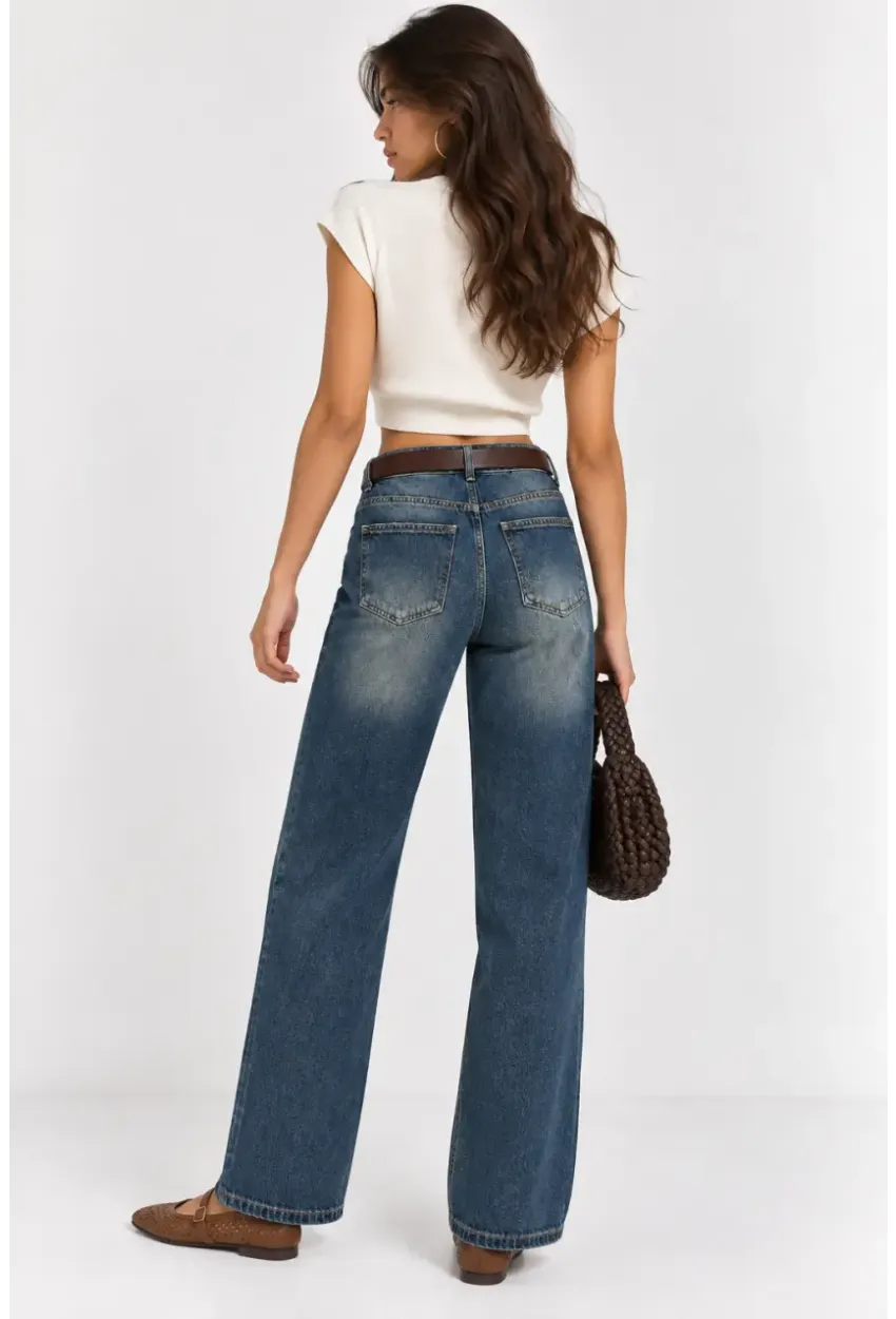 Kadın Taş Detaylı Yüksek Bel Wide Leg Jean Pantolon