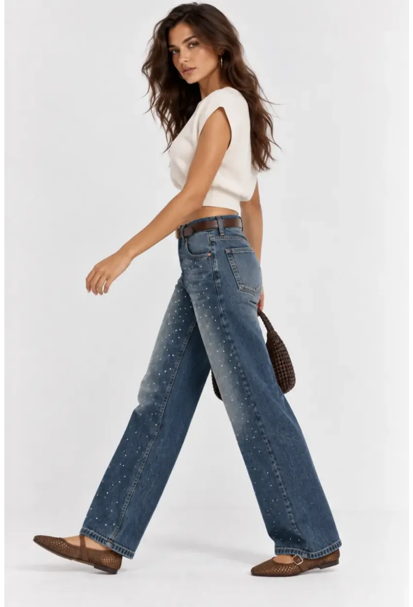 Kadın Taş Detaylı Yüksek Bel Wide Leg Jean Pantolon