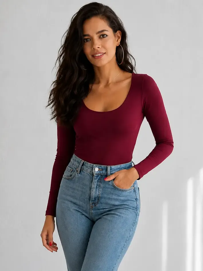 Kadın U Yaka Uzun Kollu Esnek Basic Bluz – Bordo