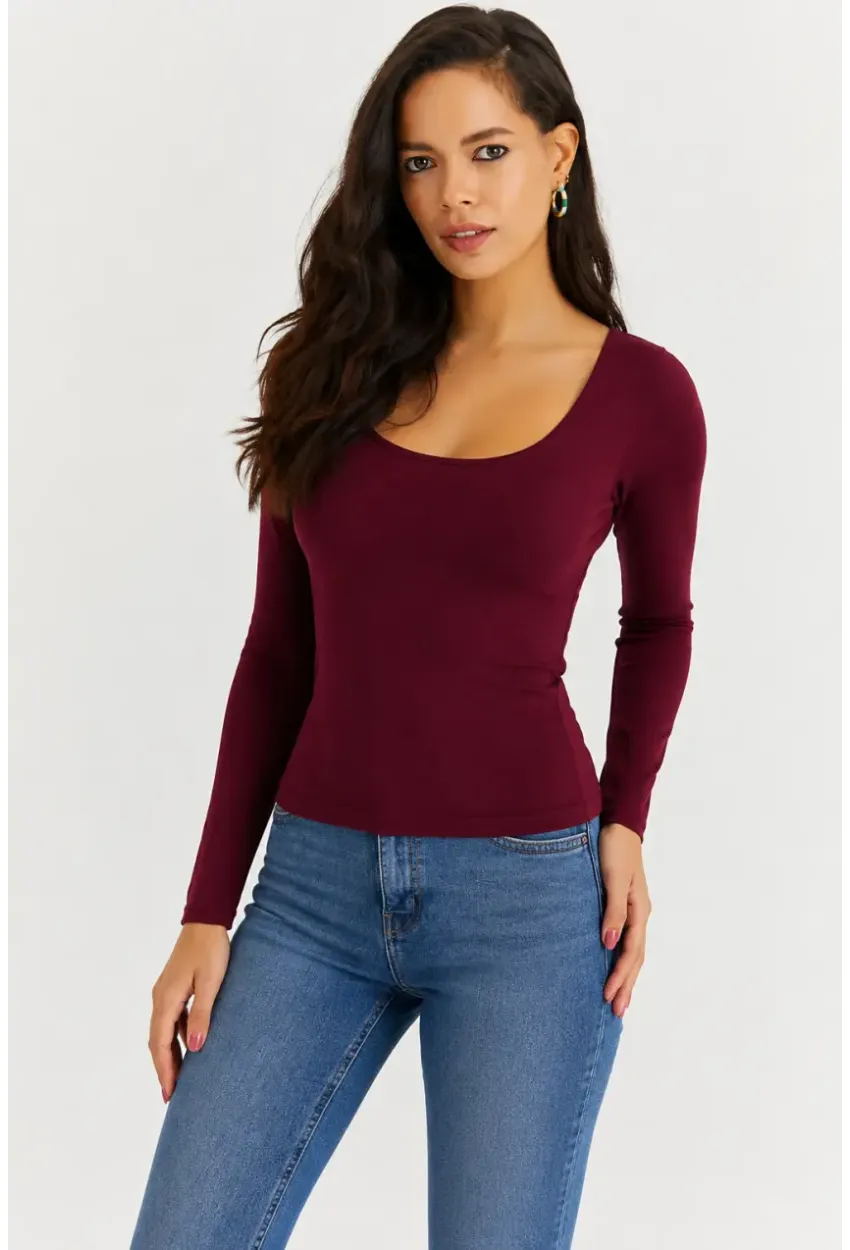 Kadın U Yaka Uzun Kollu Esnek Basic Bluz – Bordo