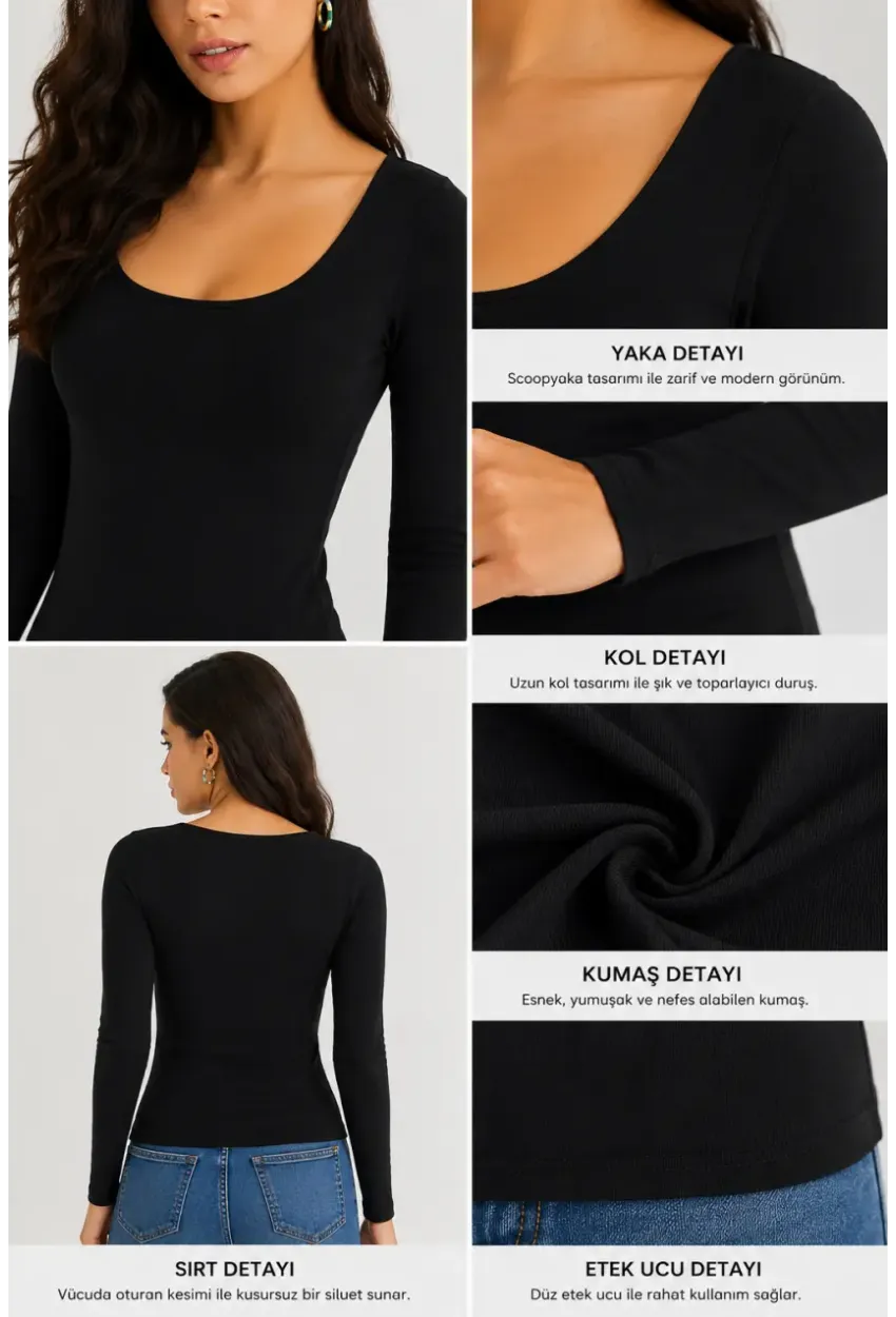 Kadın U Yaka Uzun Kollu Esnek Basic Bluz – Siyah