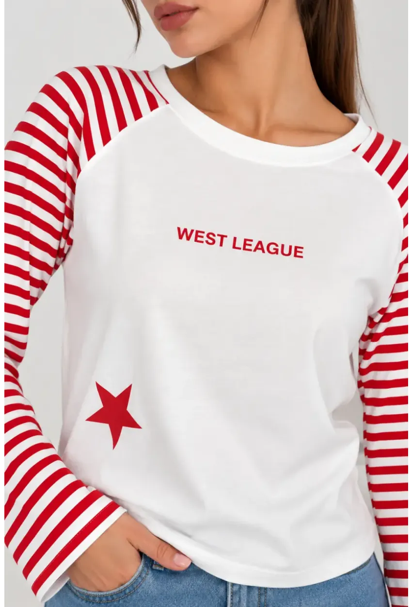 Kadın West League Baskılı Yıldız Detaylı Çizgili Kollu Bisiklet Yaka Uzun Kollu Bluz