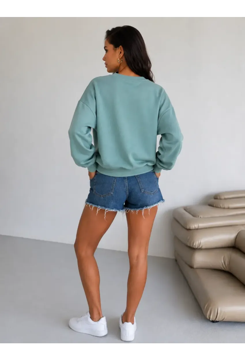 Kadın Yeşil Bisiklet Yaka Oversize Uzun Kollu Basic Sweatshirt