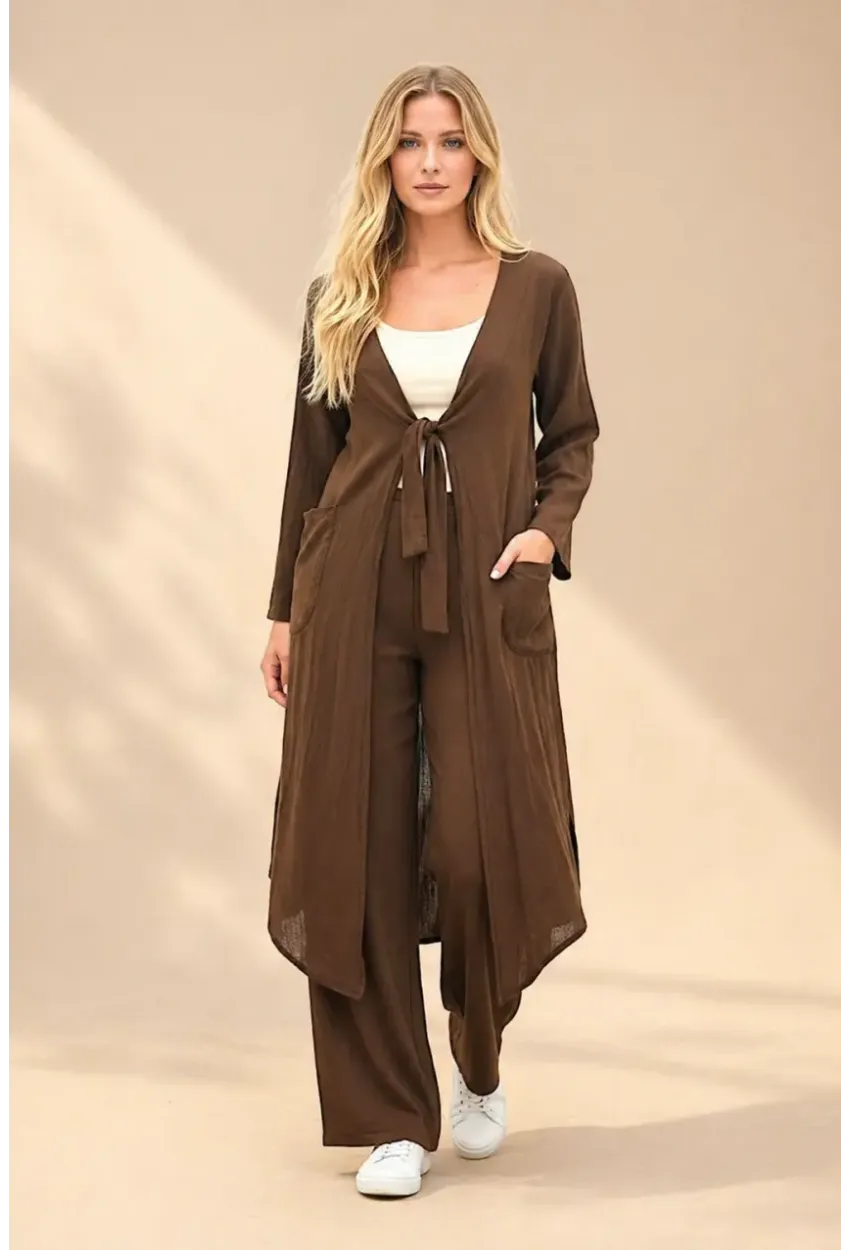 Kahve Bağlamalı Kimono Keten Takım
