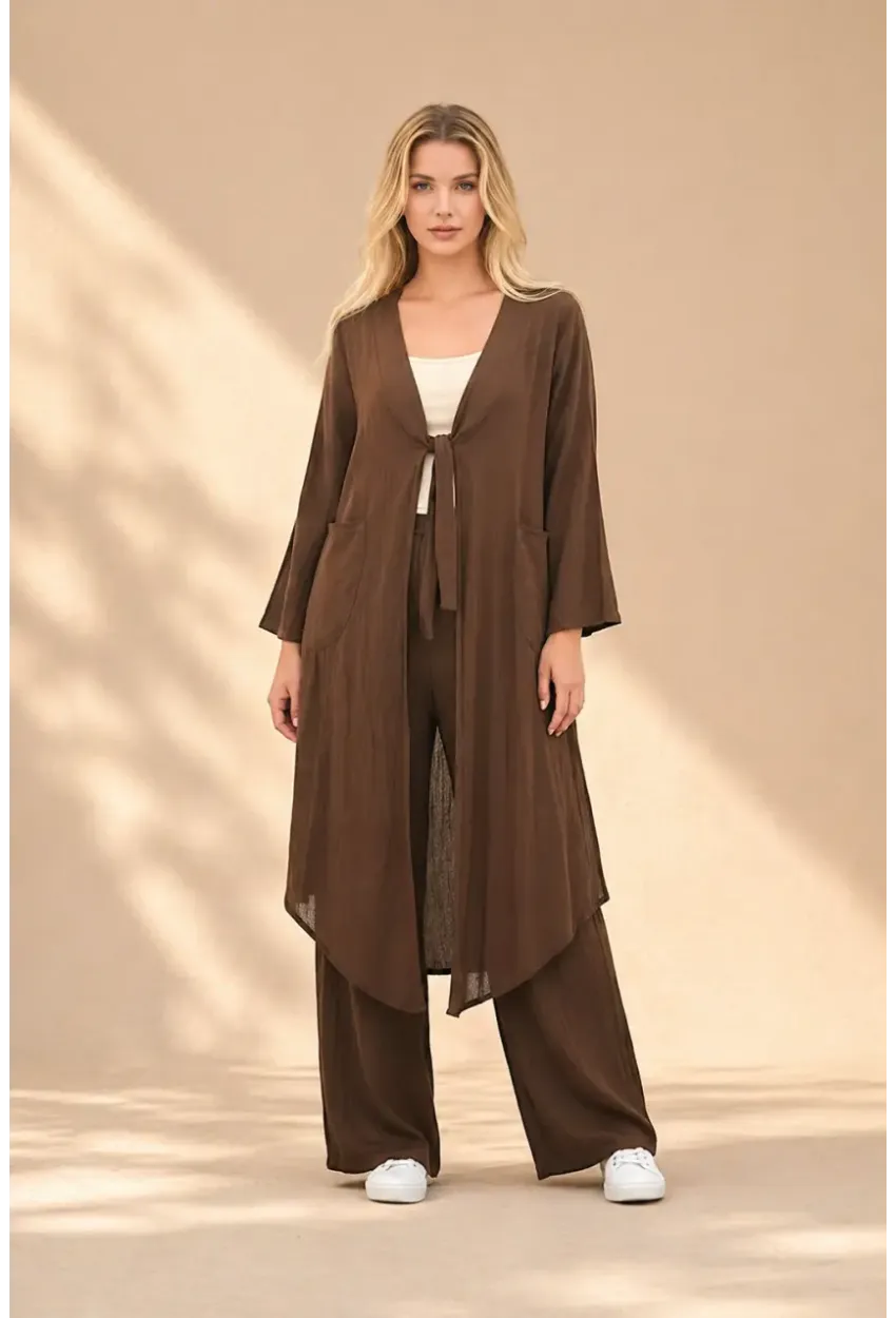 Kahve Bağlamalı Kimono Keten Takım