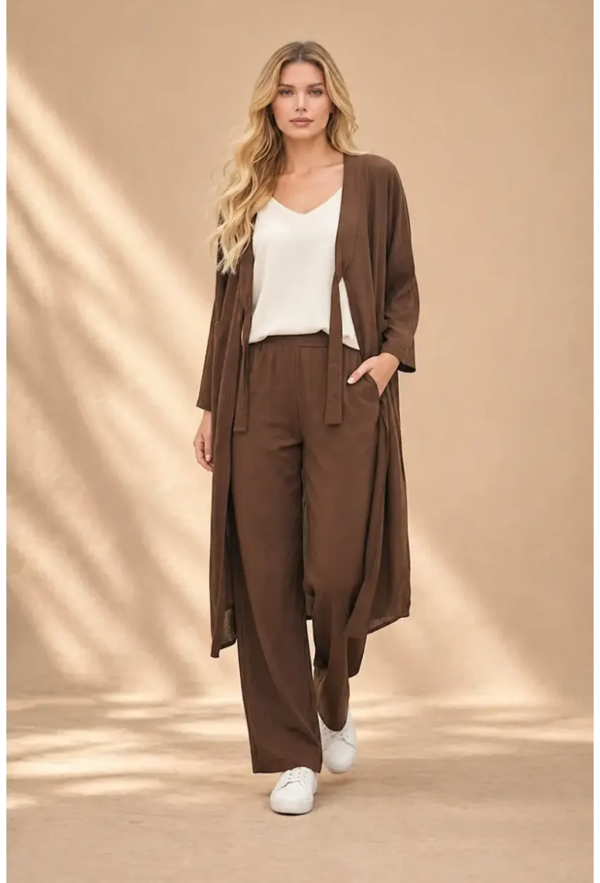 Kahve Bağlamalı Kimono Keten Takım
