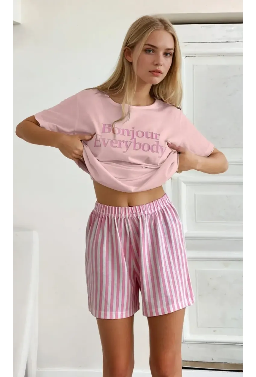 Kısa Kollu Şortlu Pijama Takımı Pembe