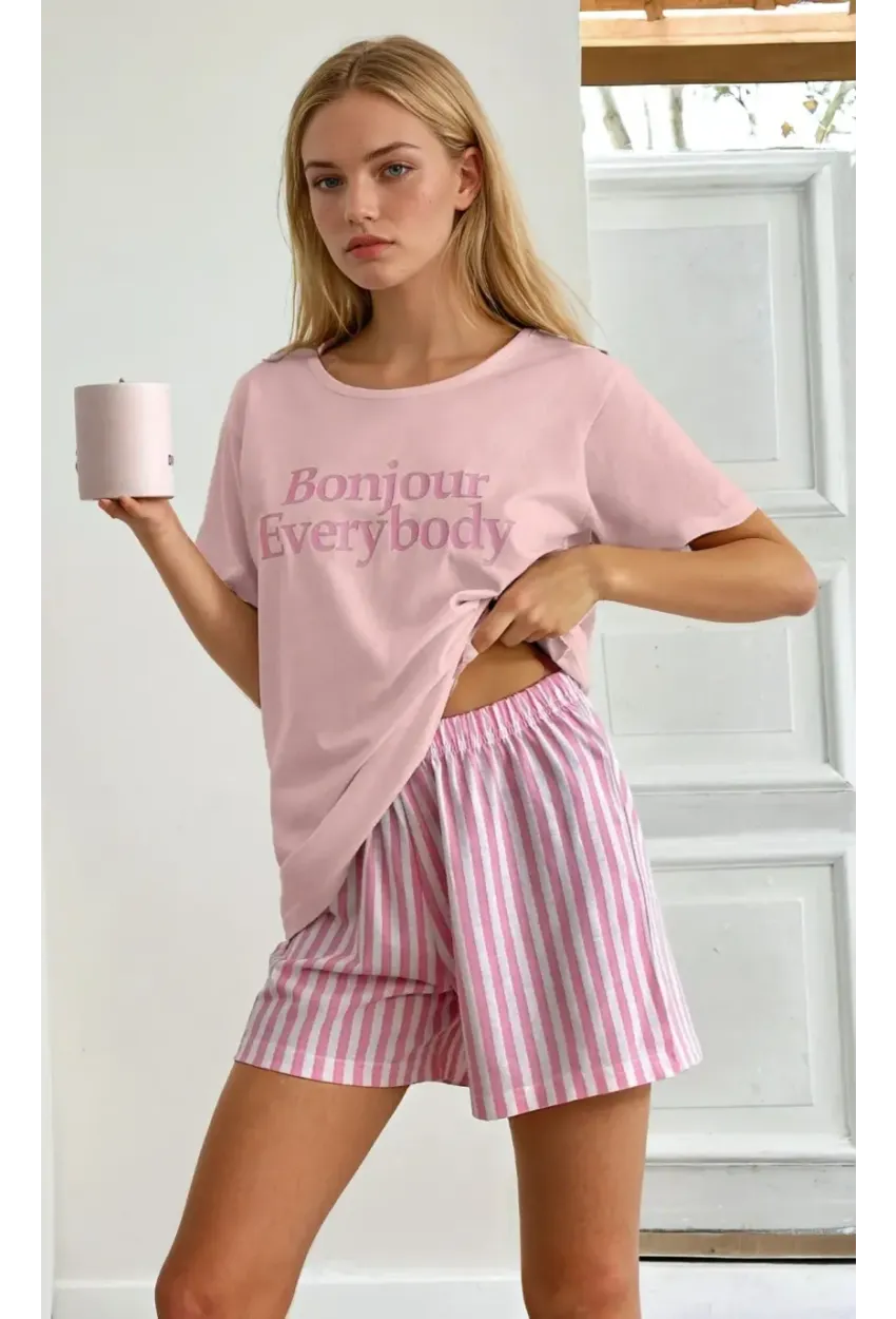 Kısa Kollu Şortlu Pijama Takımı Pembe