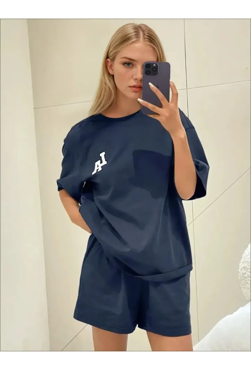 LA Baskılı Oversize Süprem Şortlu Pijama Takım