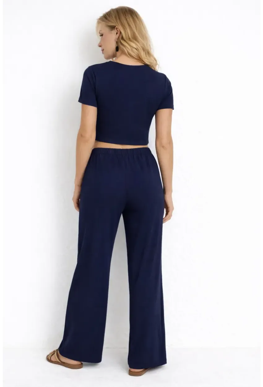 Lacivert Modal Kumaş Crop Tişört & Yüksek Bel Bol Paça Takım