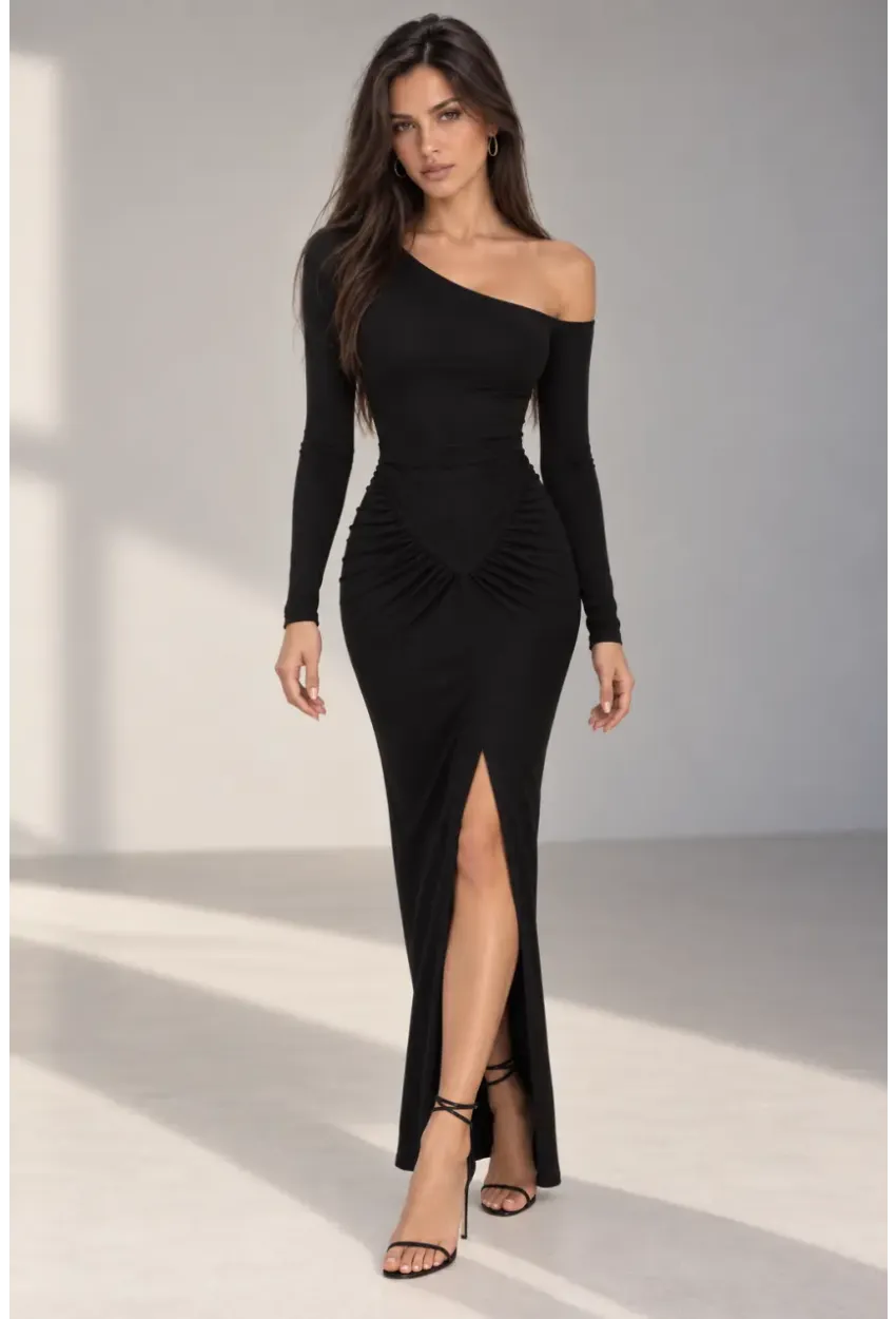 Likralı Kumaş Drape Detaylı Yırtmaçlı Dekolteli Uzun Elbise