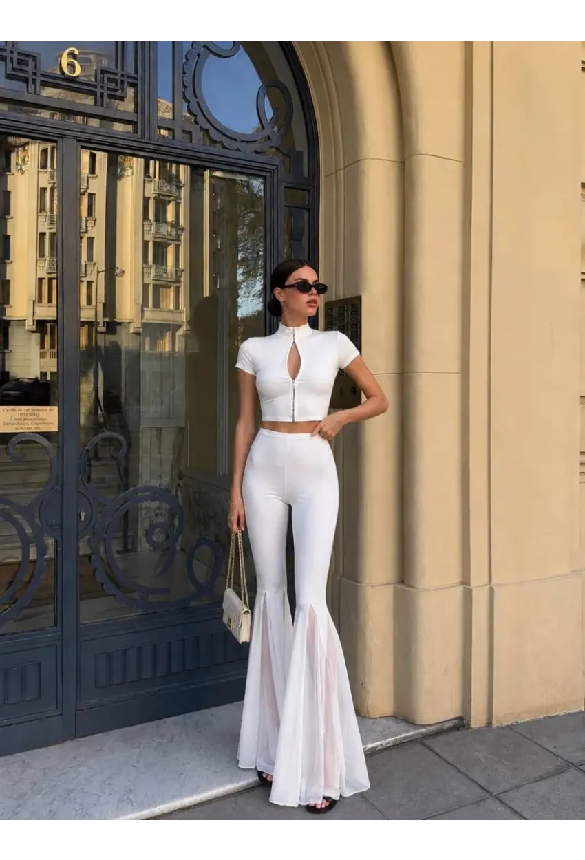 Likralı Modal Kumaş Crop Bluz Pantalon Takım Beyaz