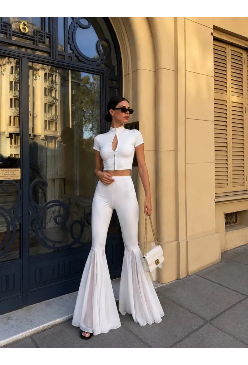 Likralı Modal Kumaş Crop Bluz Pantalon Takım Beyaz