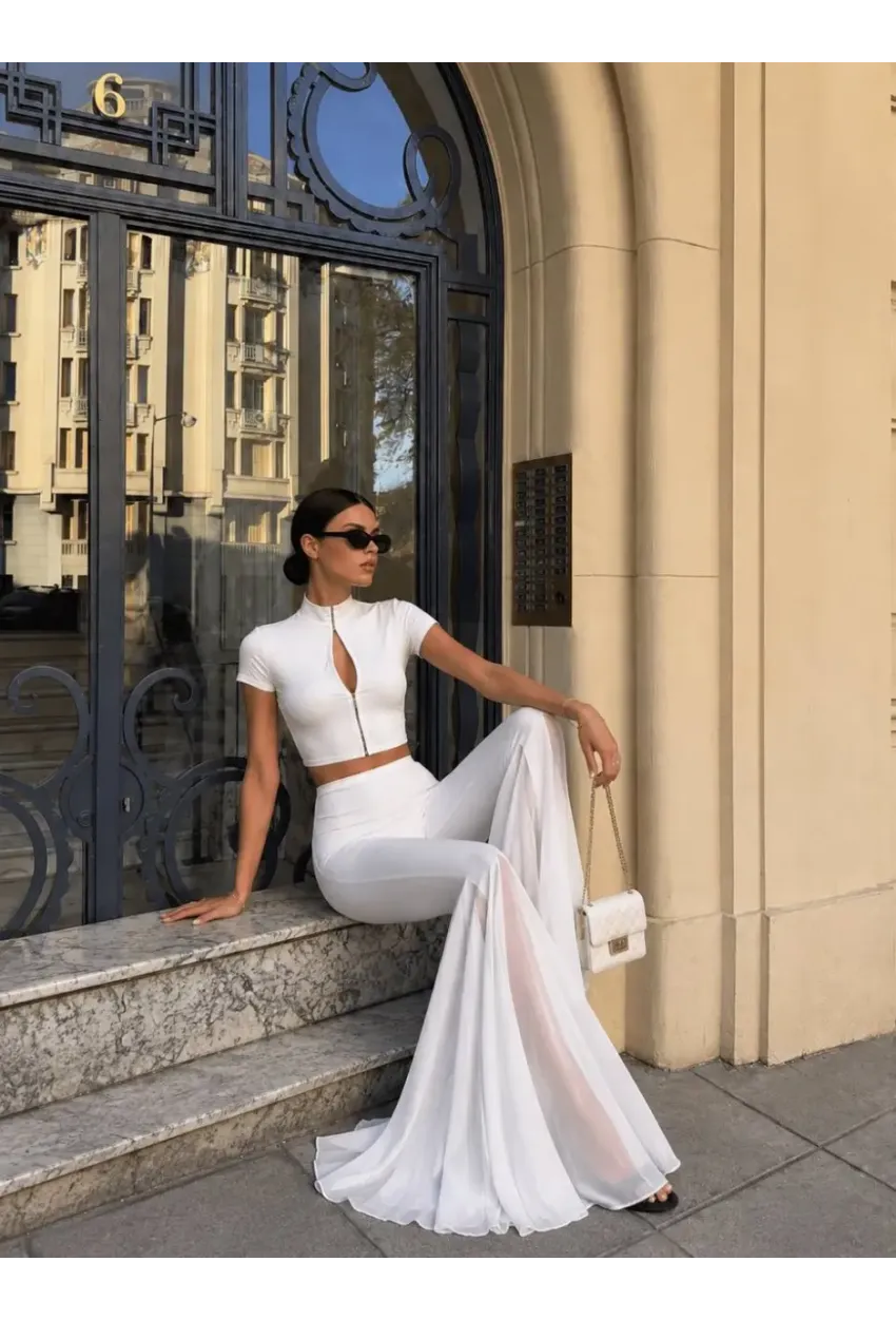 Likralı Modal Kumaş Crop Bluz Pantalon Takım Beyaz