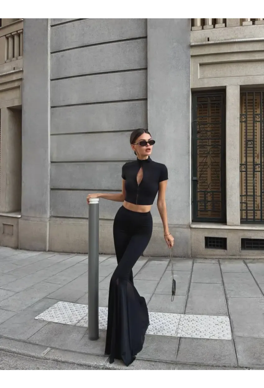 Likralı Modal Kumaş Crop Bluz Pantalon Takım Siyah