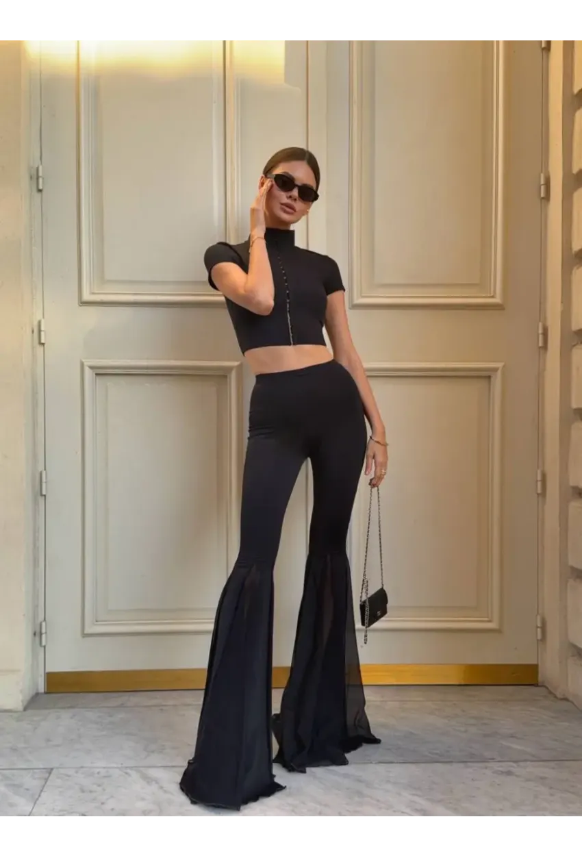 Likralı Modal Kumaş Crop Bluz Pantalon Takım Siyah