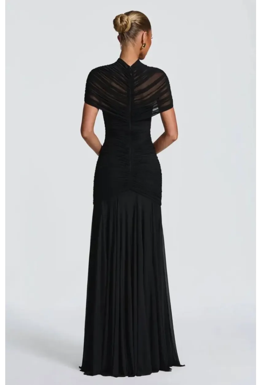 Likralı Tül Kumaş Astarlı Drape Detay Maxi Boy Elbise