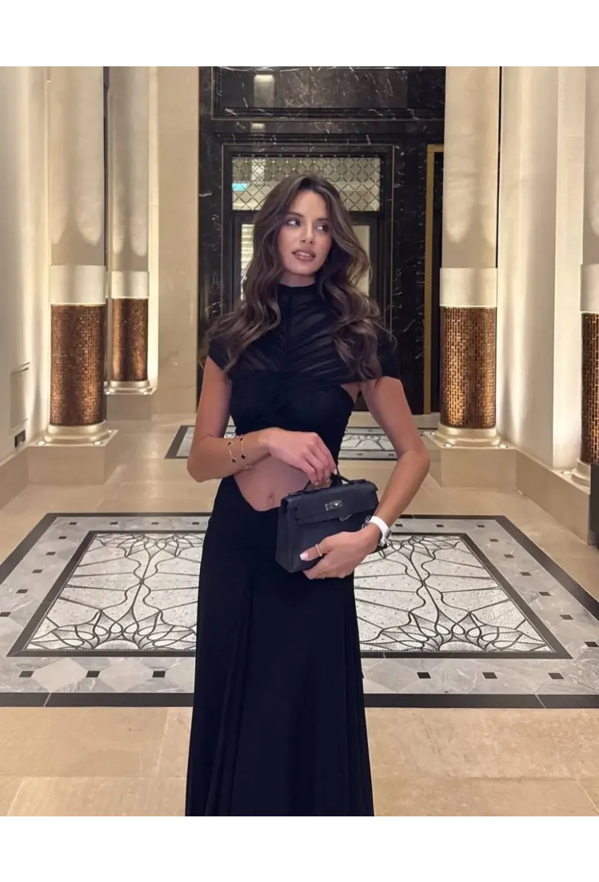 Likralı Tül Kumaş Astarlı Drape Detay Maxi Boy Elbise