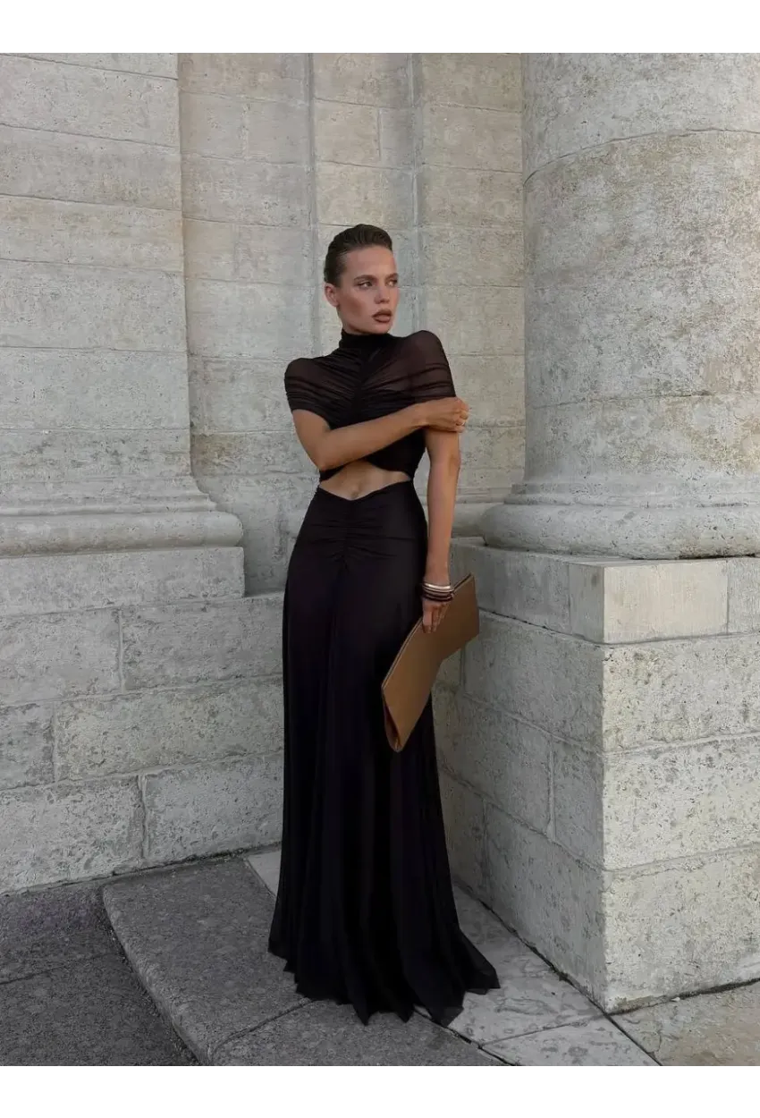 Likralı Tül Kumaş Astarlı Drape Detay Maxi Boy Elbise