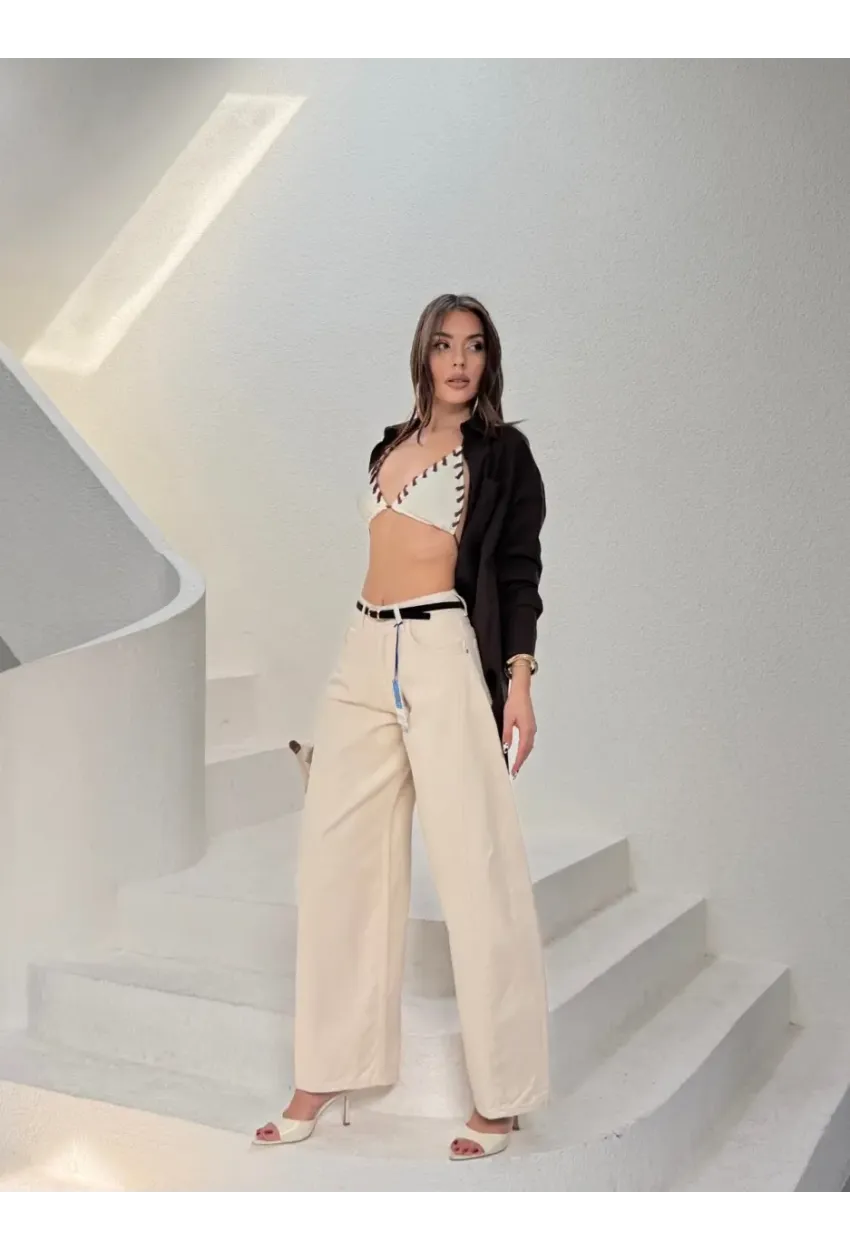 Likrasız Kemerli Balon Jean Pantalon