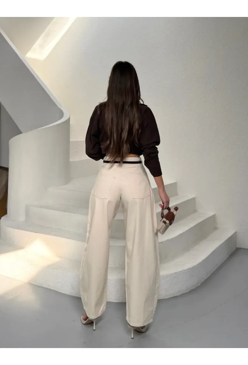 Likrasız Kemerli Balon Jean Pantalon