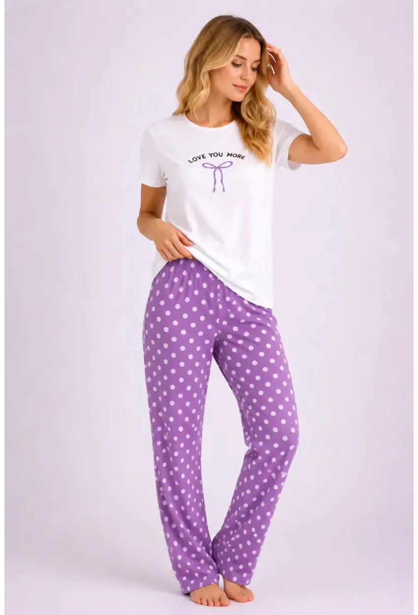 Love You More Baskılı Lila Puantiyeli Pijama Takımı